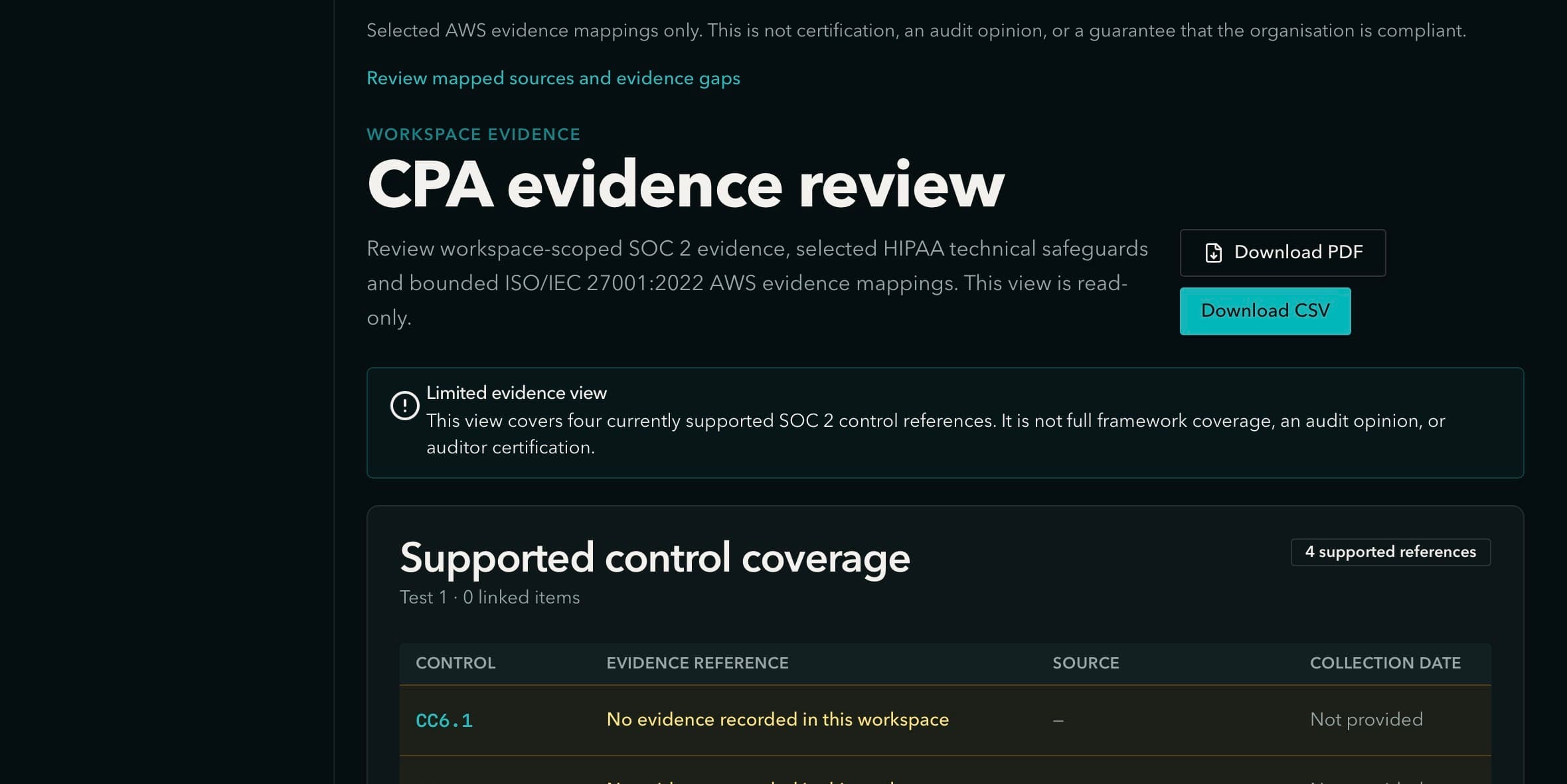 TrustProof CPA evidence review screen showing supported control coverage and evidence gaps.