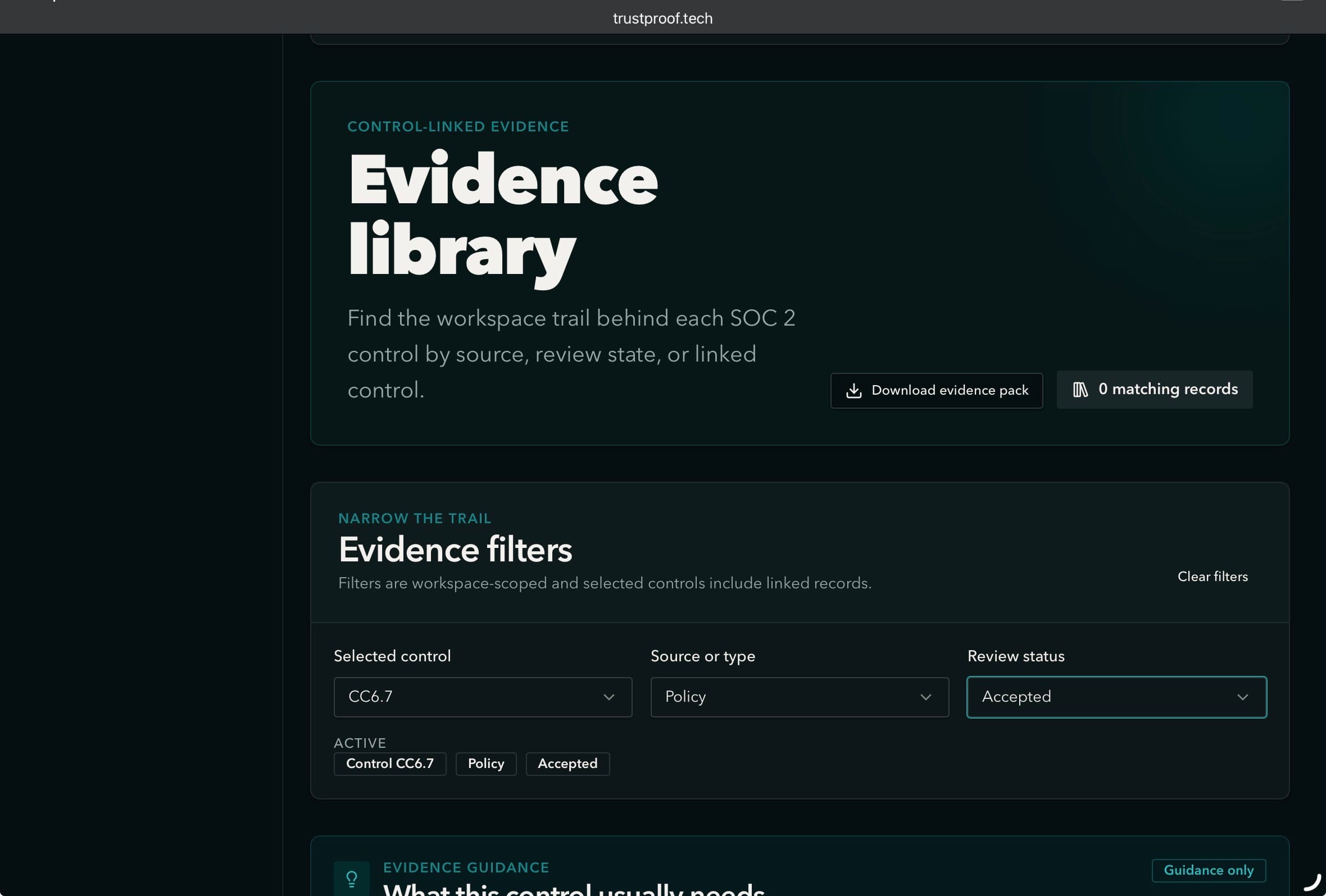 TrustProof evidence library screen with control-linked evidence and review filters.