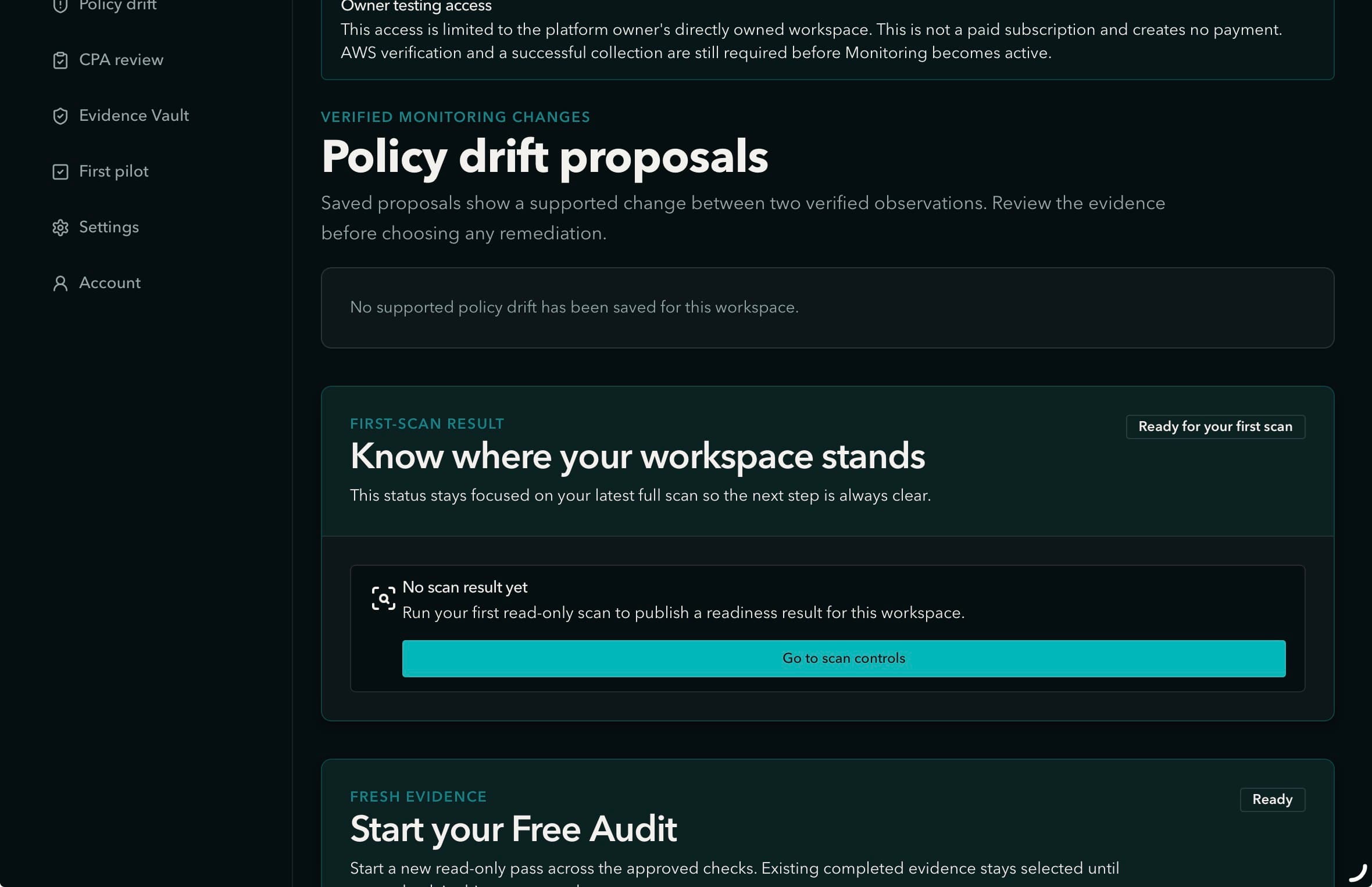 TrustProof policy drift proposals screen showing a saved proposal and the first-scan result for a workspace.