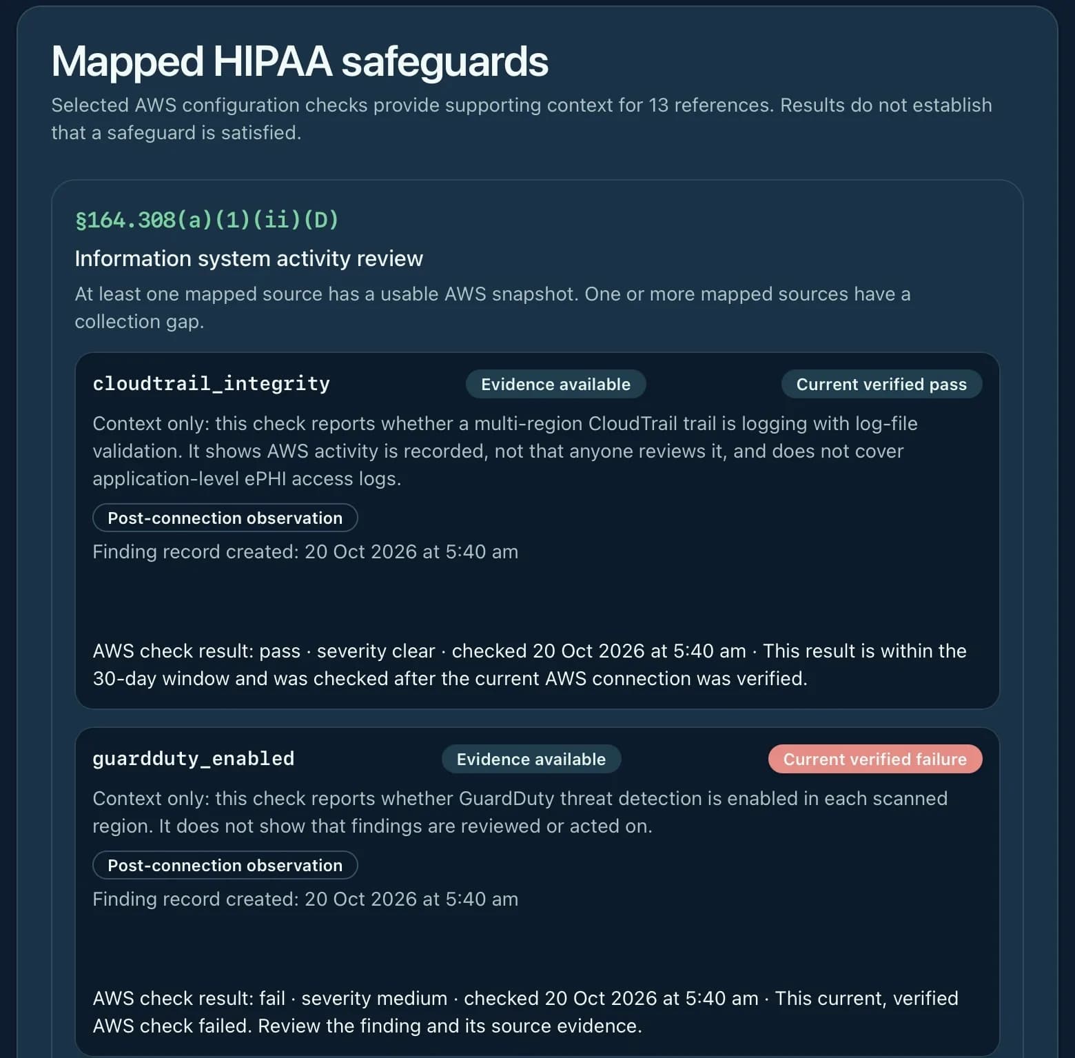 TrustProof mapped HIPAA safeguards: §164.308(a)(1)(ii)(D) information system activity review with AWS CloudTrail and GuardDuty check results as supporting context